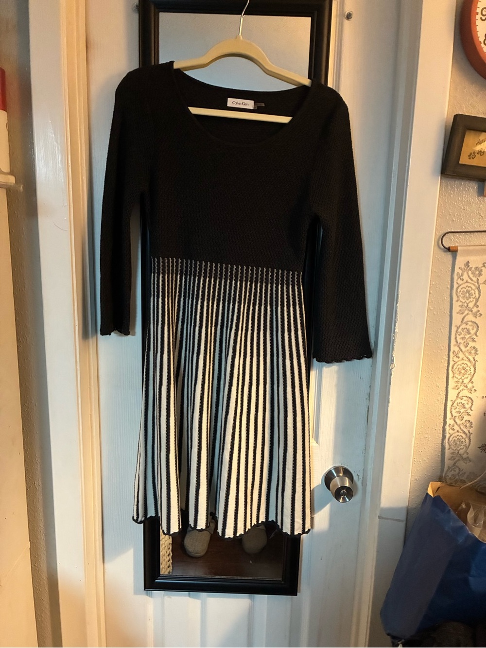Calvin Klein Black and White Striped Knit Fit-and-Flare Dress